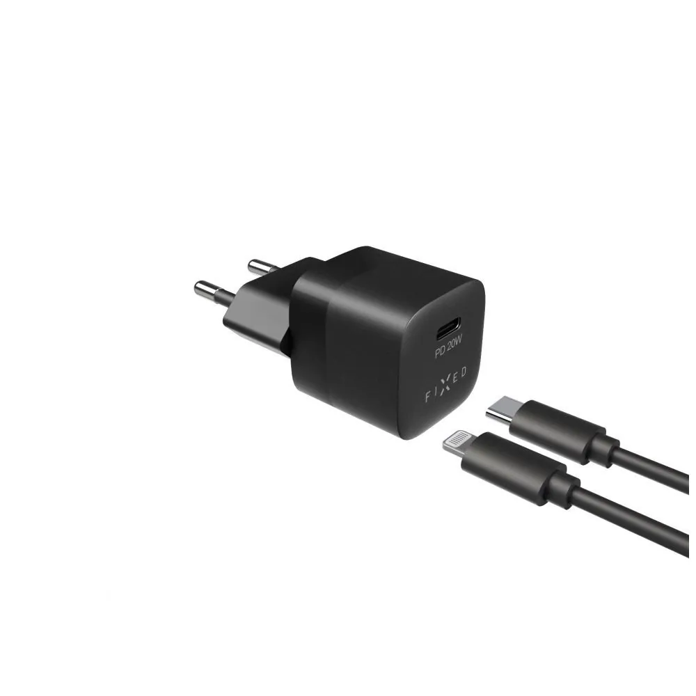 FIXED Mini hálózati töltőkészlet USB-C kimenettel és USB-C/Lightning kábellel 20W 1m, fekete – 2. kép