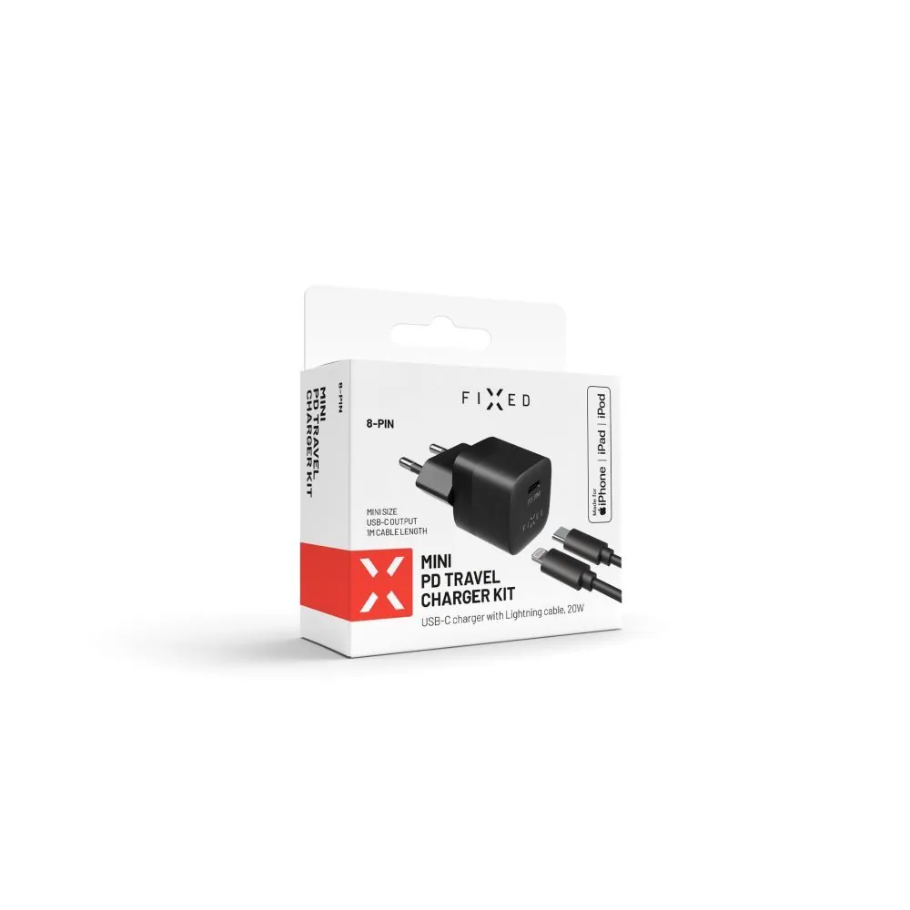 FIXED Mini hálózati töltőkészlet USB-C kimenettel és USB-C/Lightning kábellel 20W 1m, fekete – 8. kép