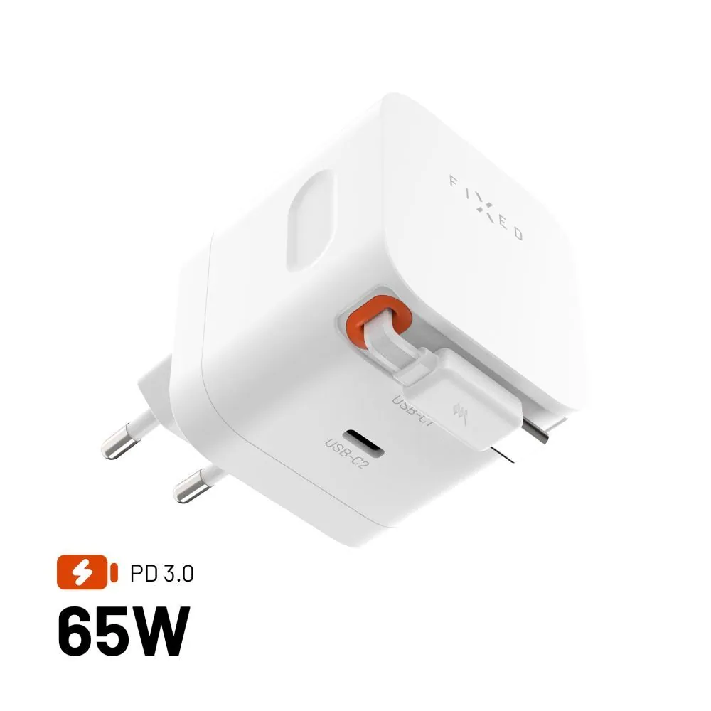 FIXED 2xUSB-C töltő visszahúzható kábellel, GaN PD 3.0 támogatással, 65W, fehér