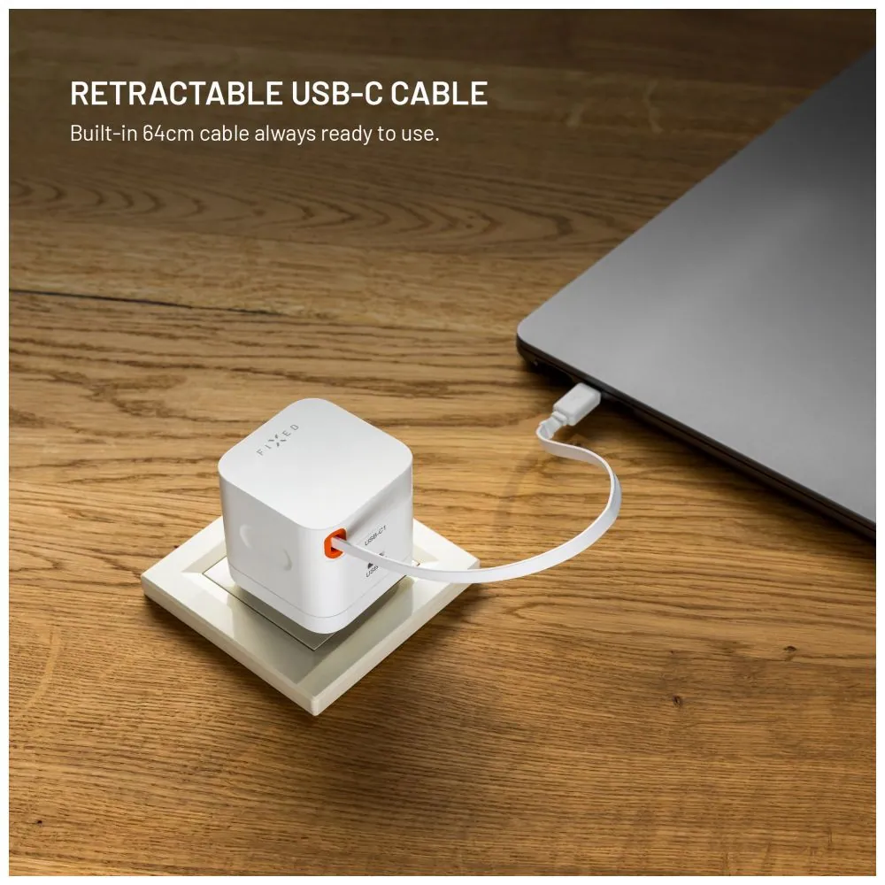 FIXED 2xUSB-C töltő visszahúzható kábellel, GaN PD 3.0 támogatással, 65W, fehér – 4. kép