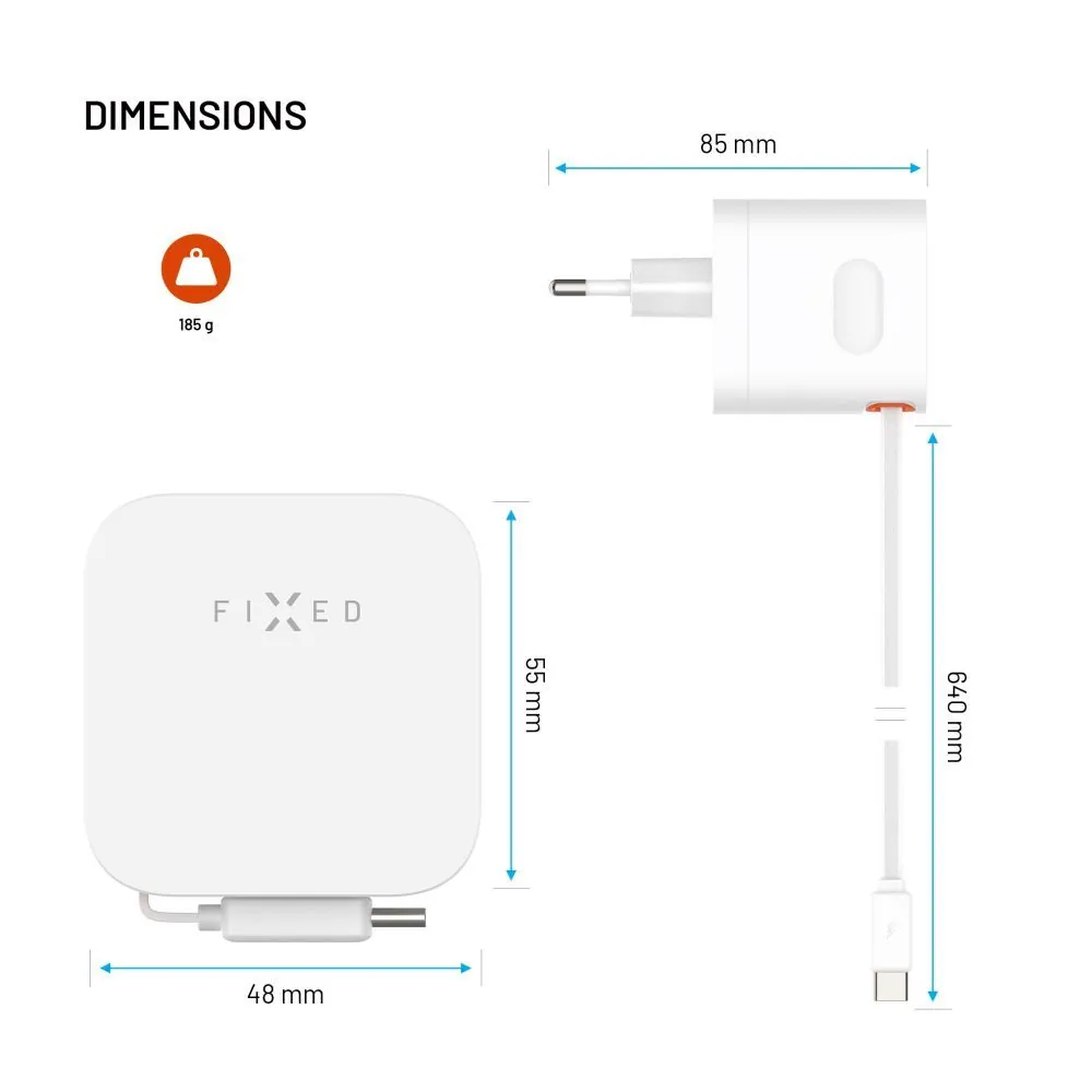 FIXED 2xUSB-C töltő visszahúzható kábellel, GaN PD 3.0 támogatással, 65W, fehér – 9. kép