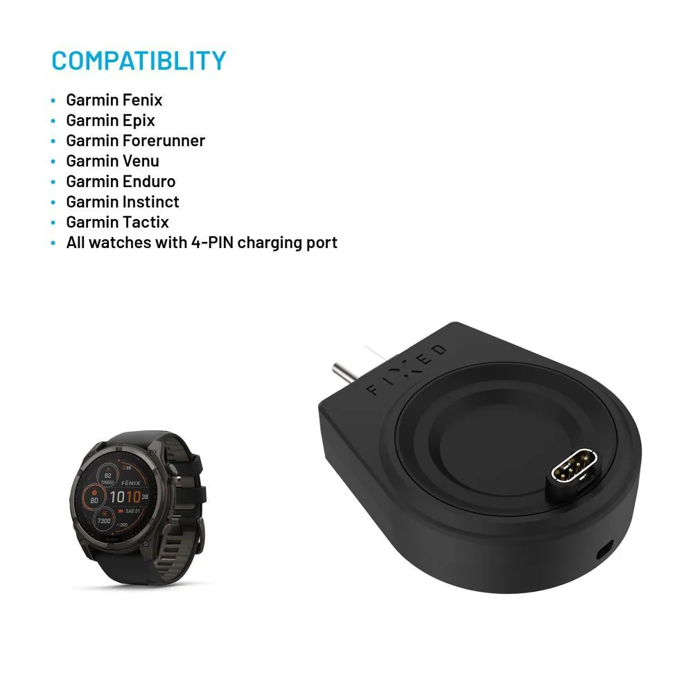 FIXED USB-C töltőadapter Garmin Fenix 5/6/7/7X/8, Epix, Venu 2/3/3S, Vívoactive 3/4/5 készülékekhez, fekete – 3. kép