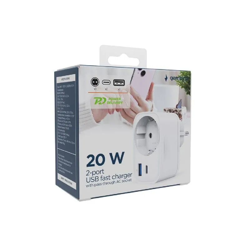 Gembird TA-ACPDQC20-01-W 2-port USB fast charger with pass-through AC socket 20W White – 4. kép