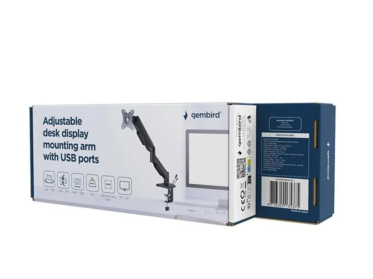 Gembird MA-DA1U-01 Adjustable desk display mounting arm with USB ports 17”-32” Black – 4. kép