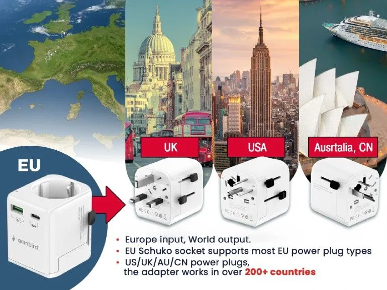 Gembird Grounded universal travel power adapter 20W White – 2. kép