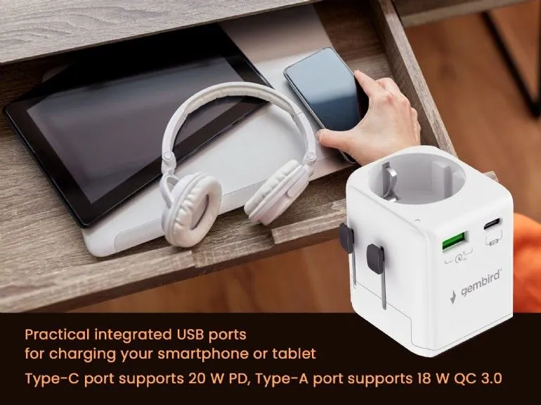 Gembird Grounded universal travel power adapter 20W White – 3. kép