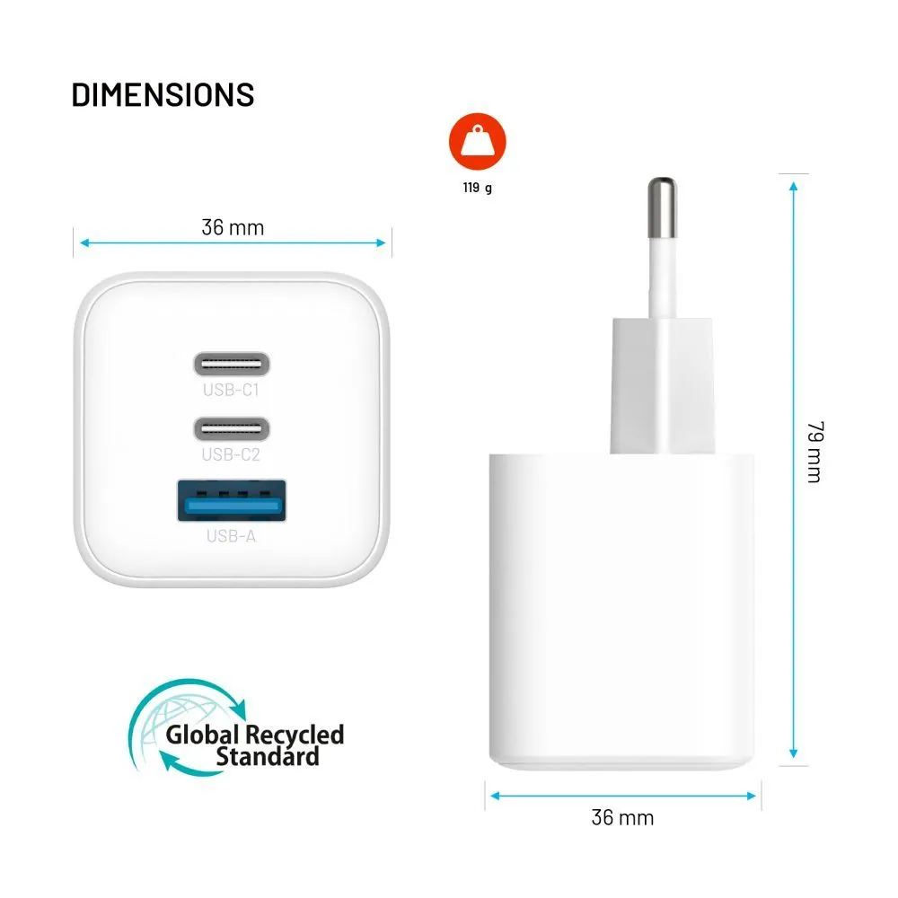 FIXED Mini 2x USB-C, USB-A GaN töltő adapter 65W, fehér – 8. kép