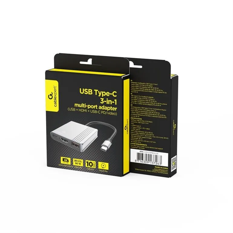 Gembird A-CM-COMBO3-05 USB Type-C 3-in-1 Multi-Port Adapter Space Grey – 5. kép