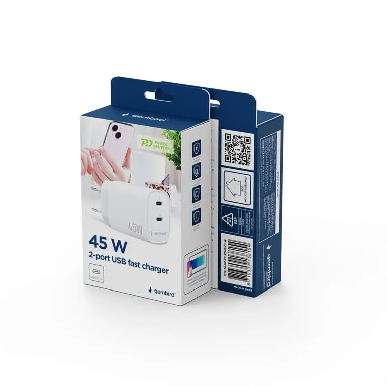 Gembird 2-port 45W USB fast charger White – 5. kép