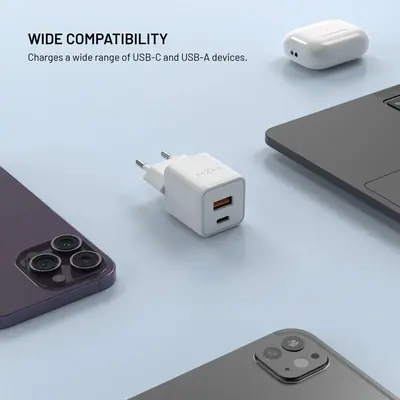 FIXED Mini GaN hálózati töltő USB-C és USB kimenettel, PD támogatással, 30W, fehér – 2. kép