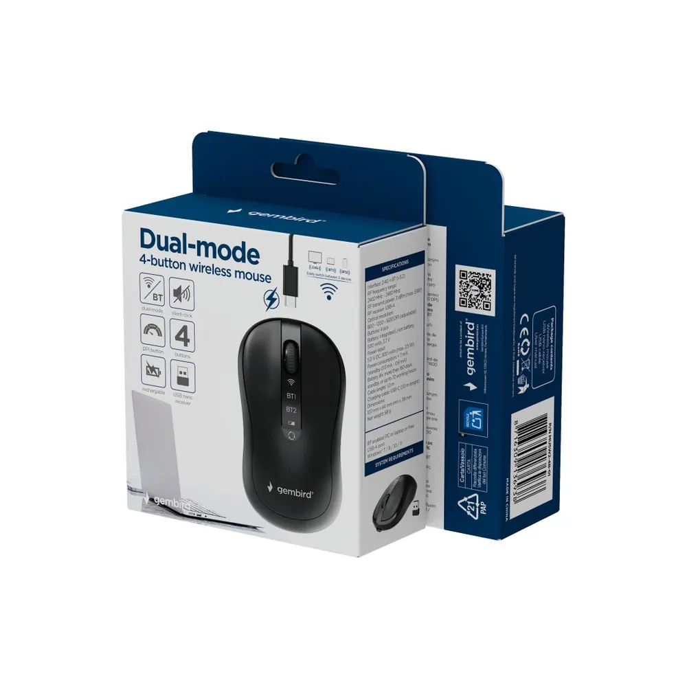 Gembird MUSW2-4B-01 Dual-Mode Wireless Bluetooth Mouse Black – 9. kép