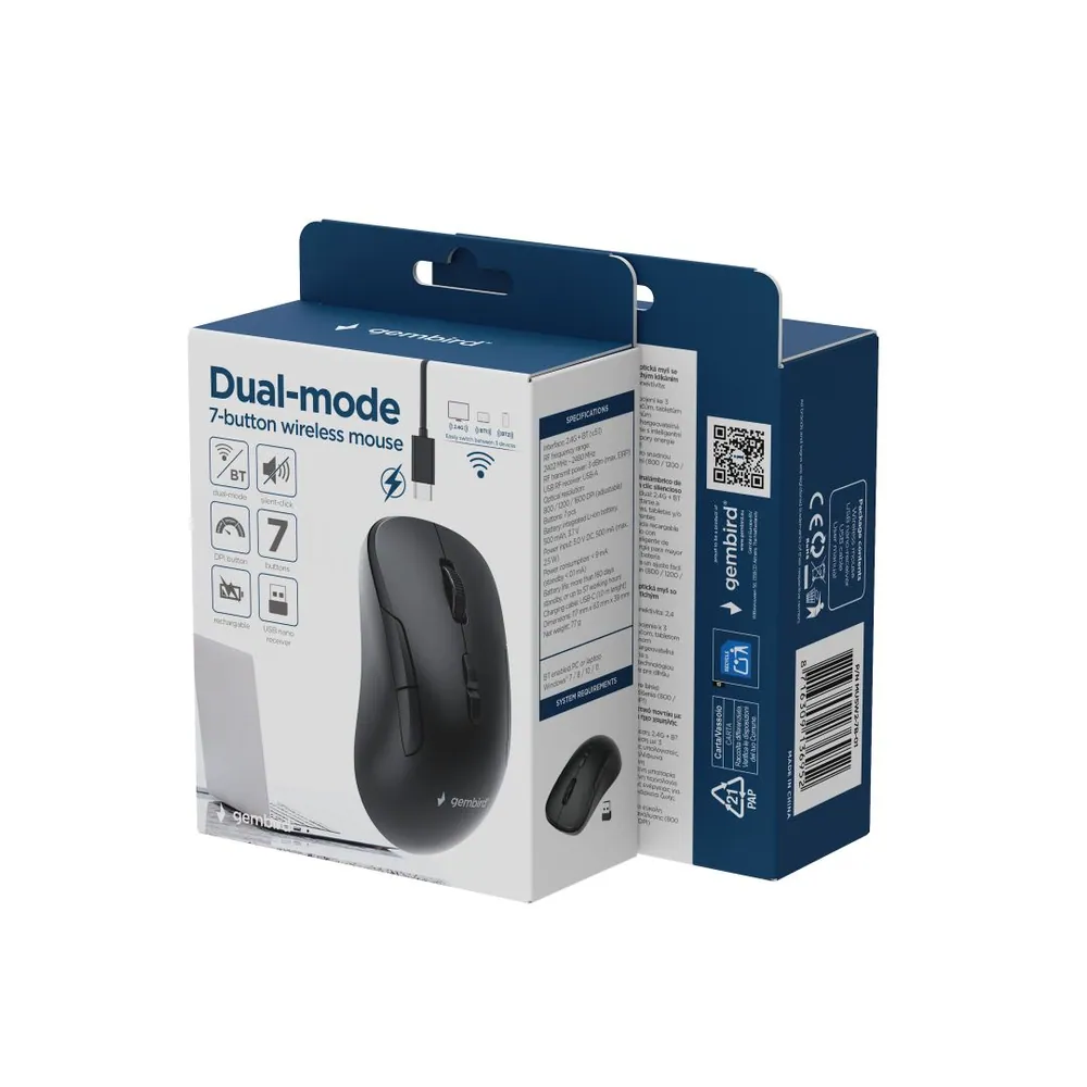 Gembird MUSW2-7B-01 Dual-Mode Wireless Bluetooth Mouse Black – 8. kép