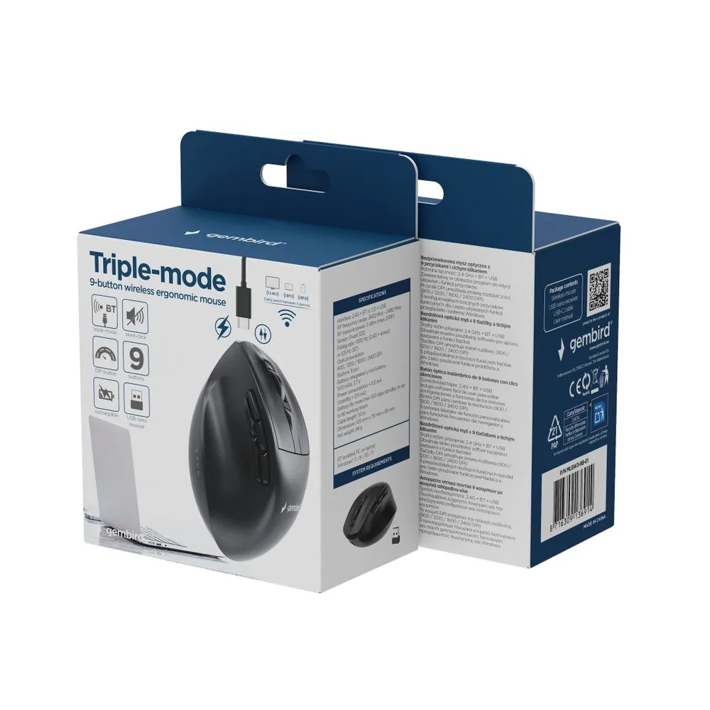 Gembird MUSW3-9B-01 Triple-Mode Wireless Bluetooth Mouse Black – 8. kép
