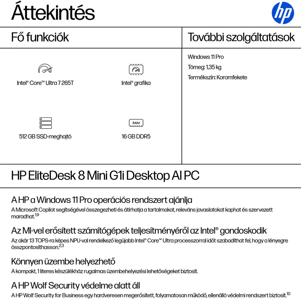 HP EliteDesk 8 Mini G1i, Core Ultra7-265T 1.5GHz, 16GB, 512GB, Win 11 Prof. – 3. kép