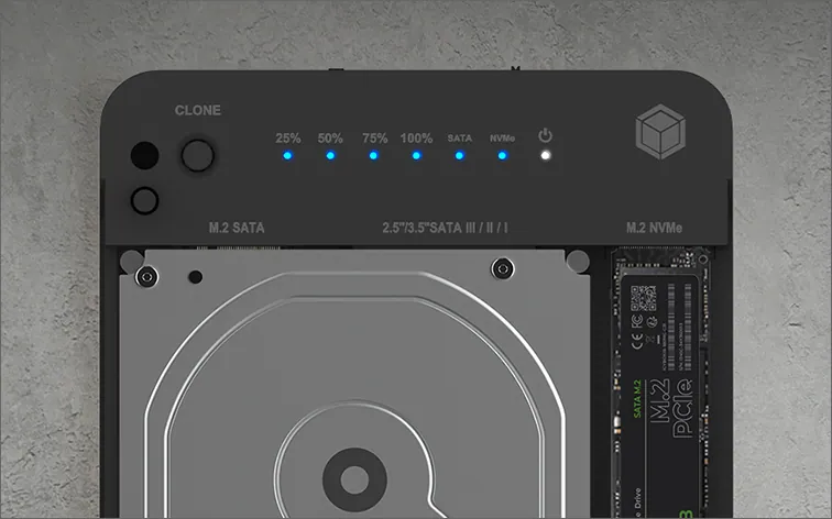 Raidsonic IcyBox IB-2915MSCL-C31 CloneStation & DockingStation for M.2 NVME & SATA 2.5”/3.5” SSD/HDD – 4. kép