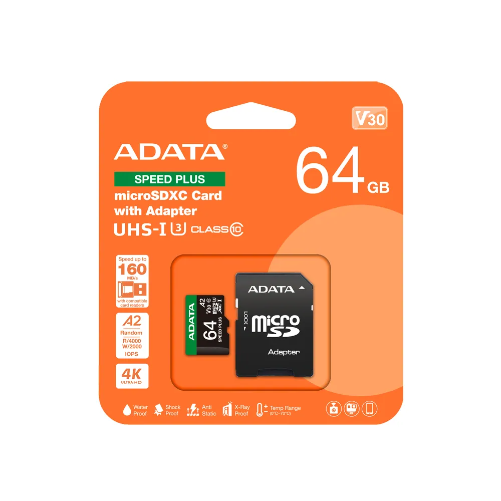 ADATA MicroSD kártya - 64GB microSDXC UHS-I U3 Class10 A2 V30 (R/W: 160/140 MB/s) + adapter – 3. kép