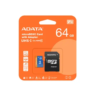 ADATA MicroSD kártya - 64GB microSDXC UHS-I Class10 A1 V10 (R/W: 100/25 MB/s) + adapter