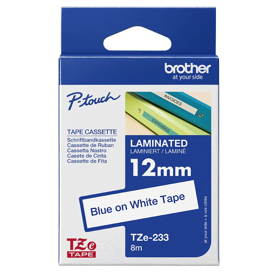 BROTHER szalag TZe-233, Fehér alapon Kék, Laminált, 12mm 0.47", 8 méter – 4. kép