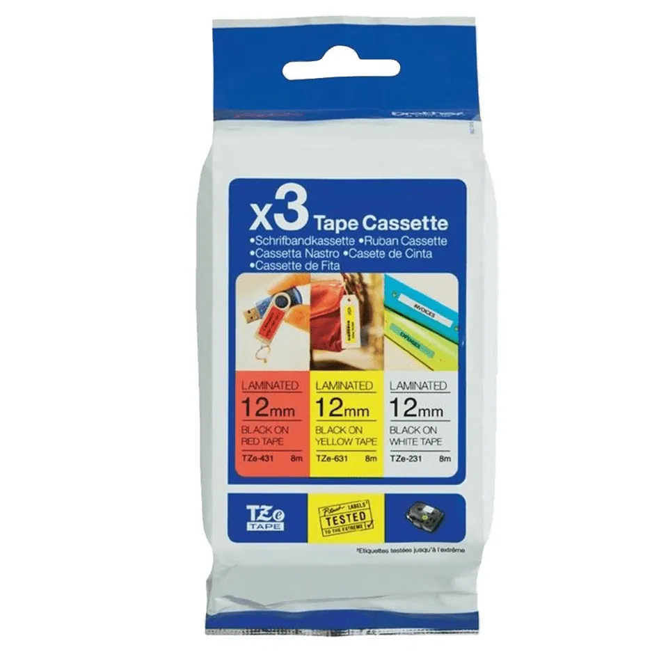 Brother TZE-31M3 laminált P-touch szalag (12mm) Black on Red/Yellow/White - 8m – 2. kép