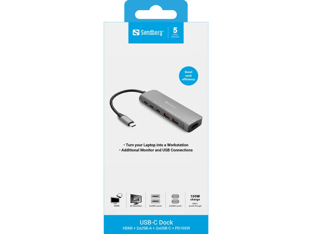 Sandberg Notebook Dokkoló - USB-C Dock HDMI + 2xUSB-A + 2xUSB-C + PD100W – 3. kép