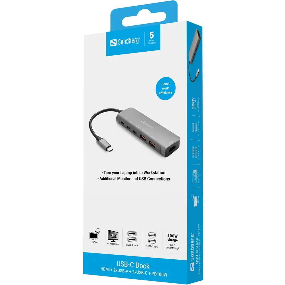 Sandberg Notebook Dokkoló - USB-C Dock HDMI + 2xUSB-A + 2xUSB-C + PD100W – 4. kép