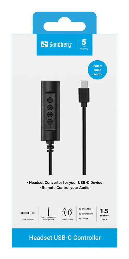 SANDBERG Headset USB-C Controller, 1.5m – 2. kép