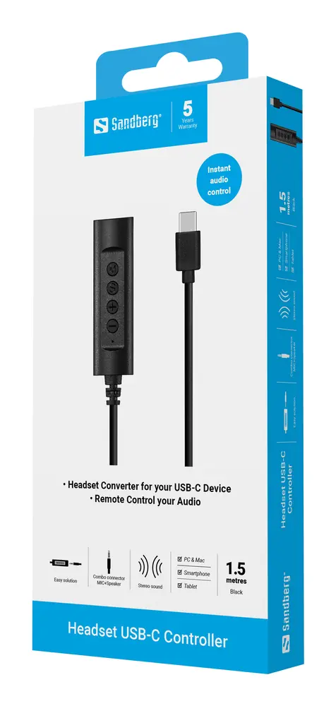 SANDBERG Headset USB-C Controller, 1.5m – 3. kép