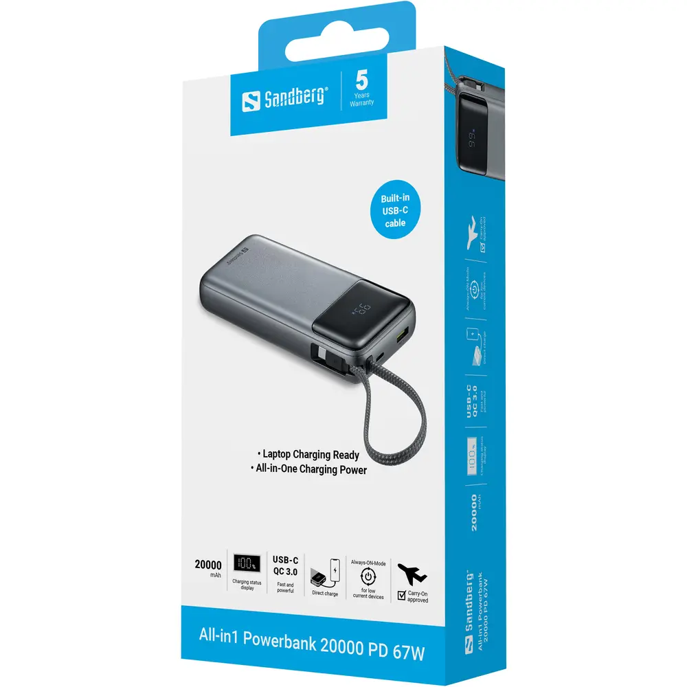 Sandberg Akkubank - All-in1 Powerbank 20000 PD 67W – 7. kép