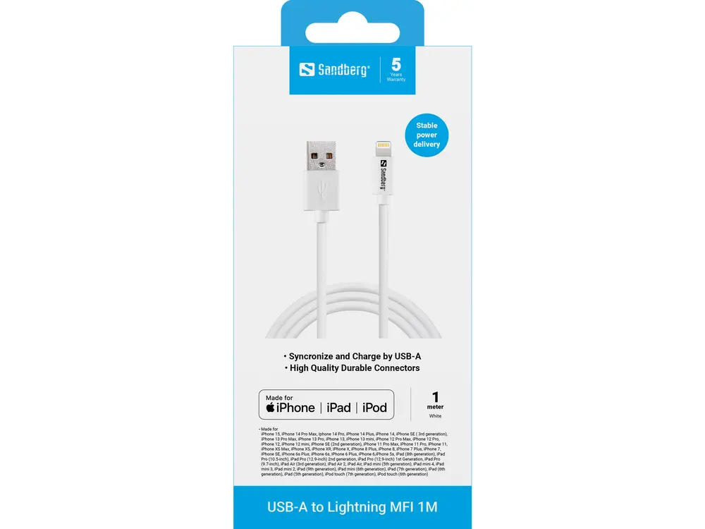 SANDBERG Töltőkábel, USB>Lightning MFI 1m White – 2. kép