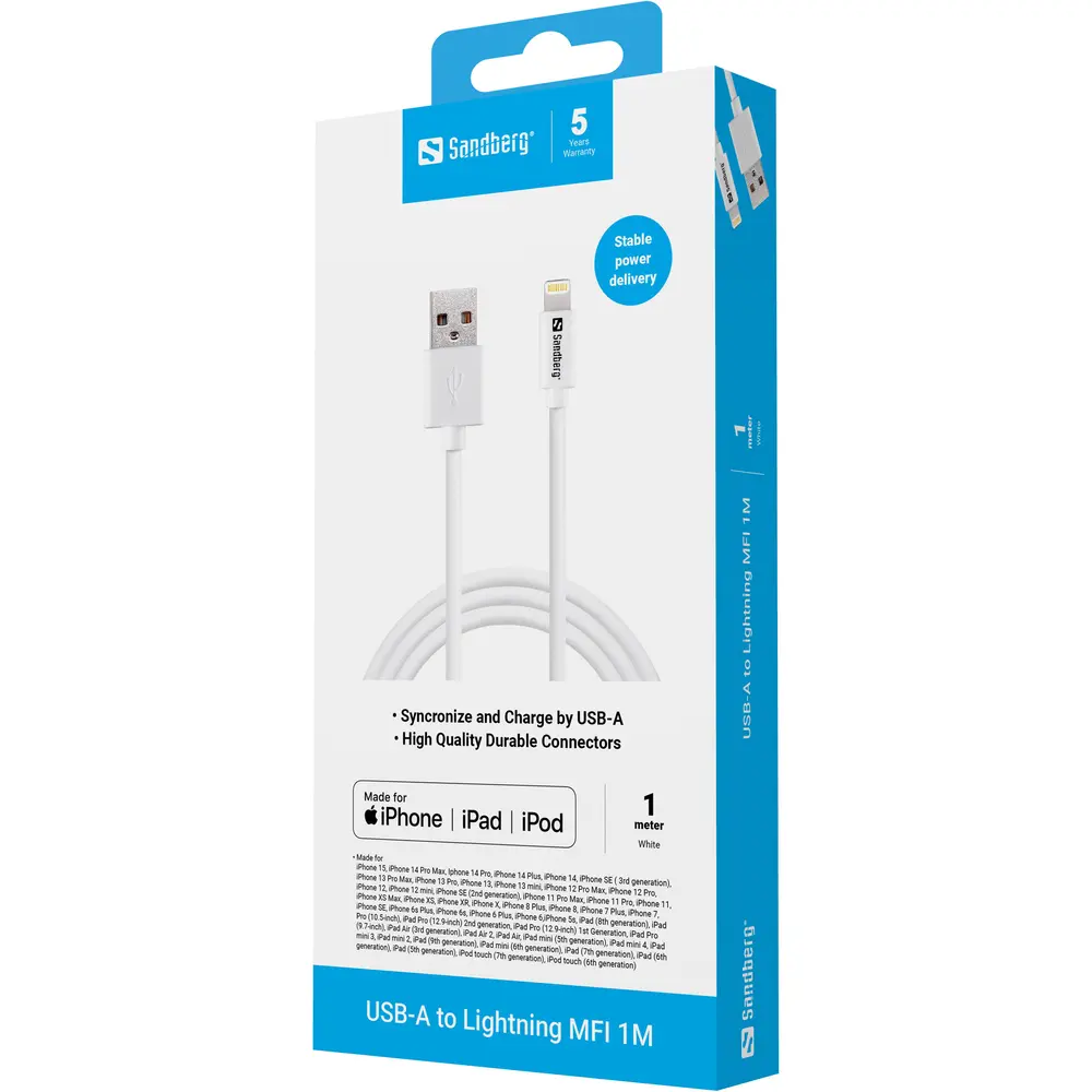 SANDBERG Töltőkábel, USB>Lightning MFI 1m White – 3. kép