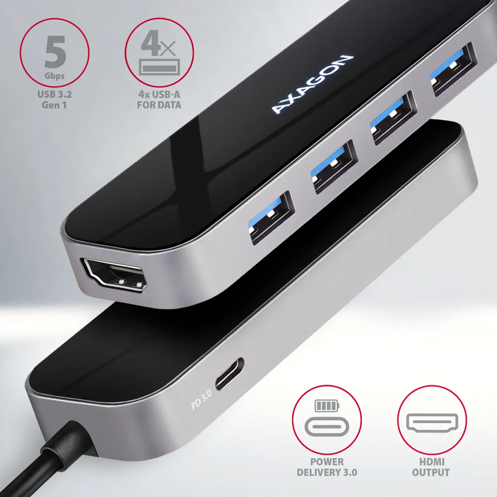 AXAGON HMC-6H4A SuperSpeed USB-C COMBO 6in1 hub Black/Grey – 2. kép