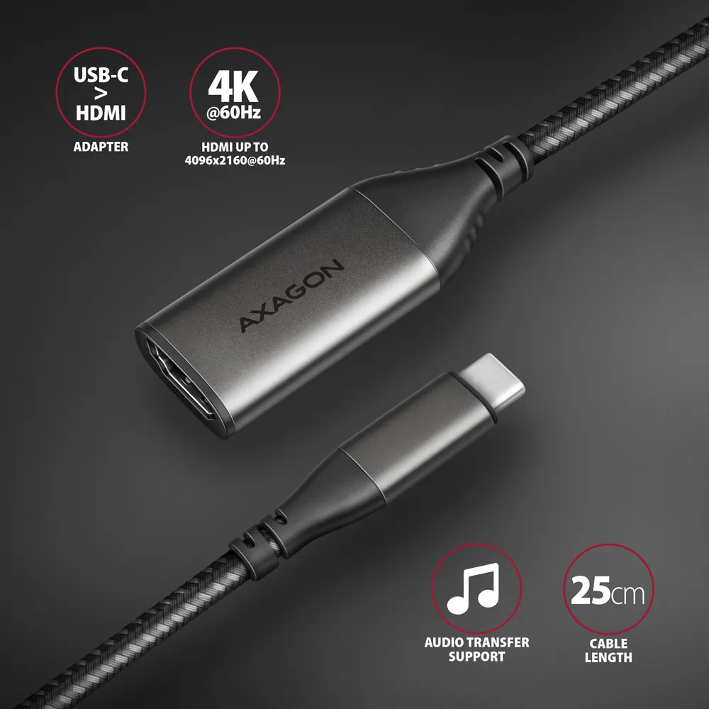 AXAGON RVC-HI2M USB-C -> HDMI 2.0 adapter 4K/60Hz Aluminum 0,25m cable Black – 7. kép