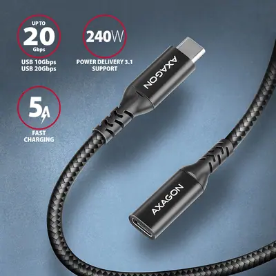 AXAGON BUCM32-CF10AB SPEED+ USB-C USB 20GBPS EXTENSION CABLE 1m Black – 2. kép