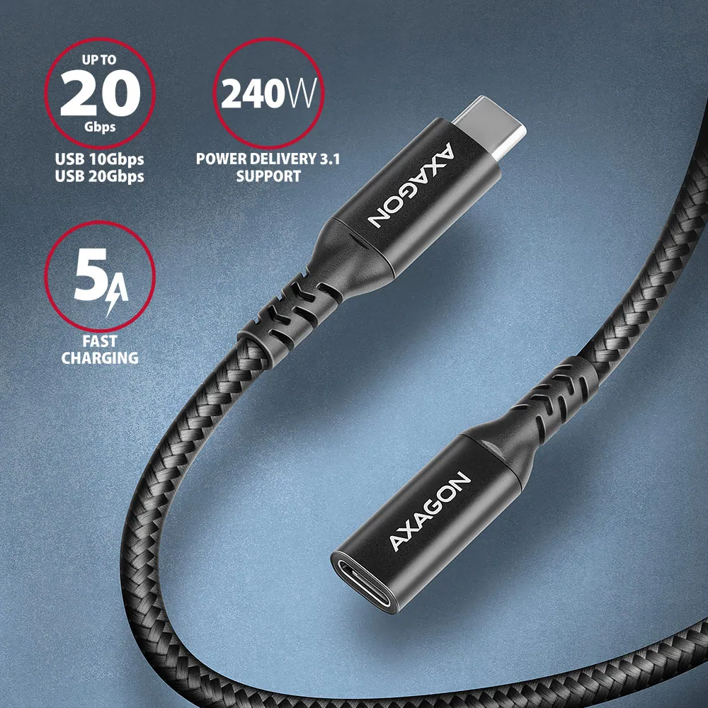 AXAGON BUCM32-CF10AB SPEED+ USB-C USB 20GBPS EXTENSION CABLE 1m Black – 2. kép