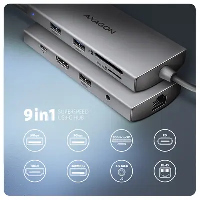 AXAGON HMC-8HLSA USB-C 5Gbps 9in1 hub Grey – 2. kép