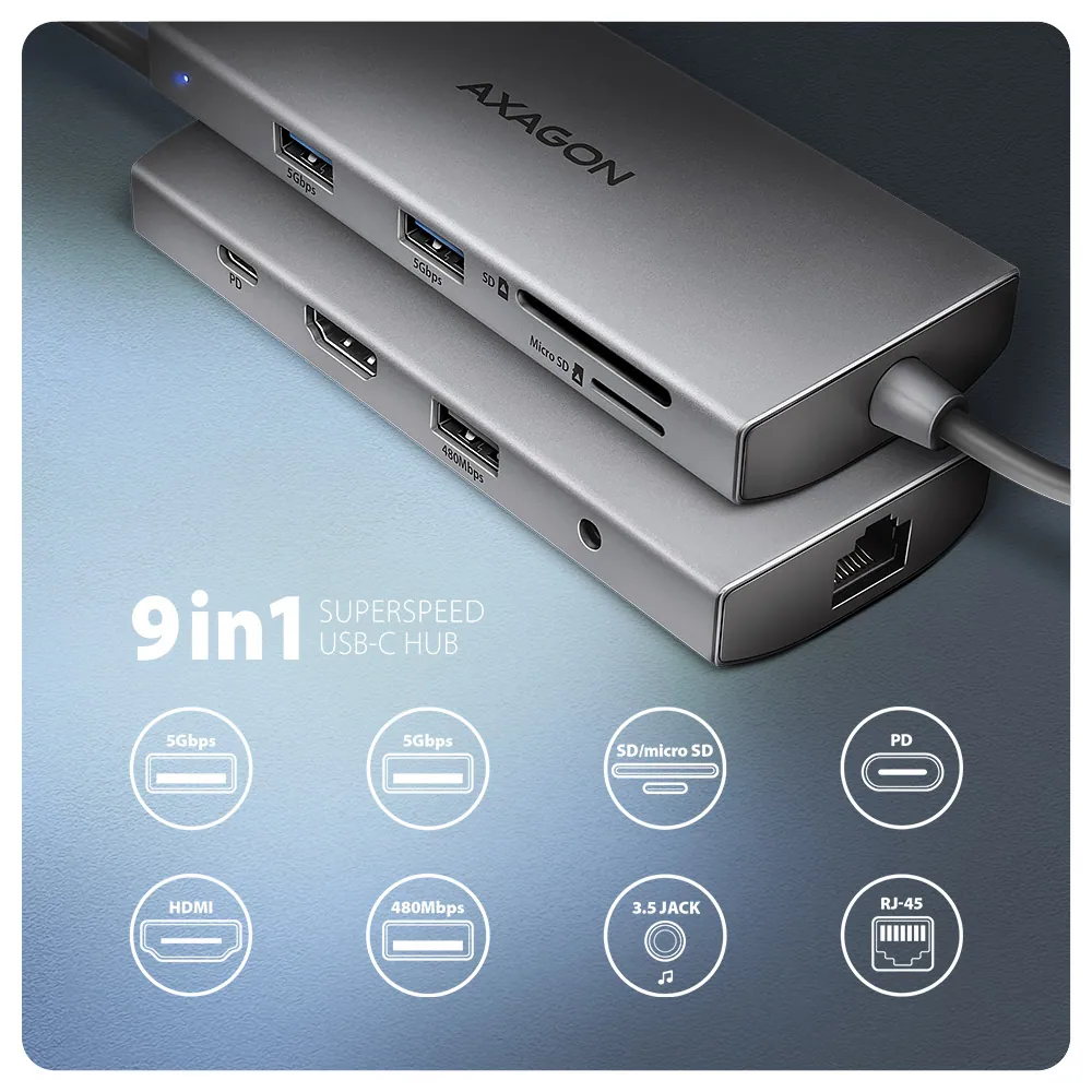 AXAGON HMC-8HLSA USB-C 5Gbps 9in1 hub Grey – 2. kép