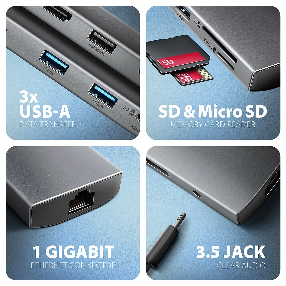 AXAGON HMC-8HLSA USB-C 5Gbps 9in1 hub Grey – 3. kép