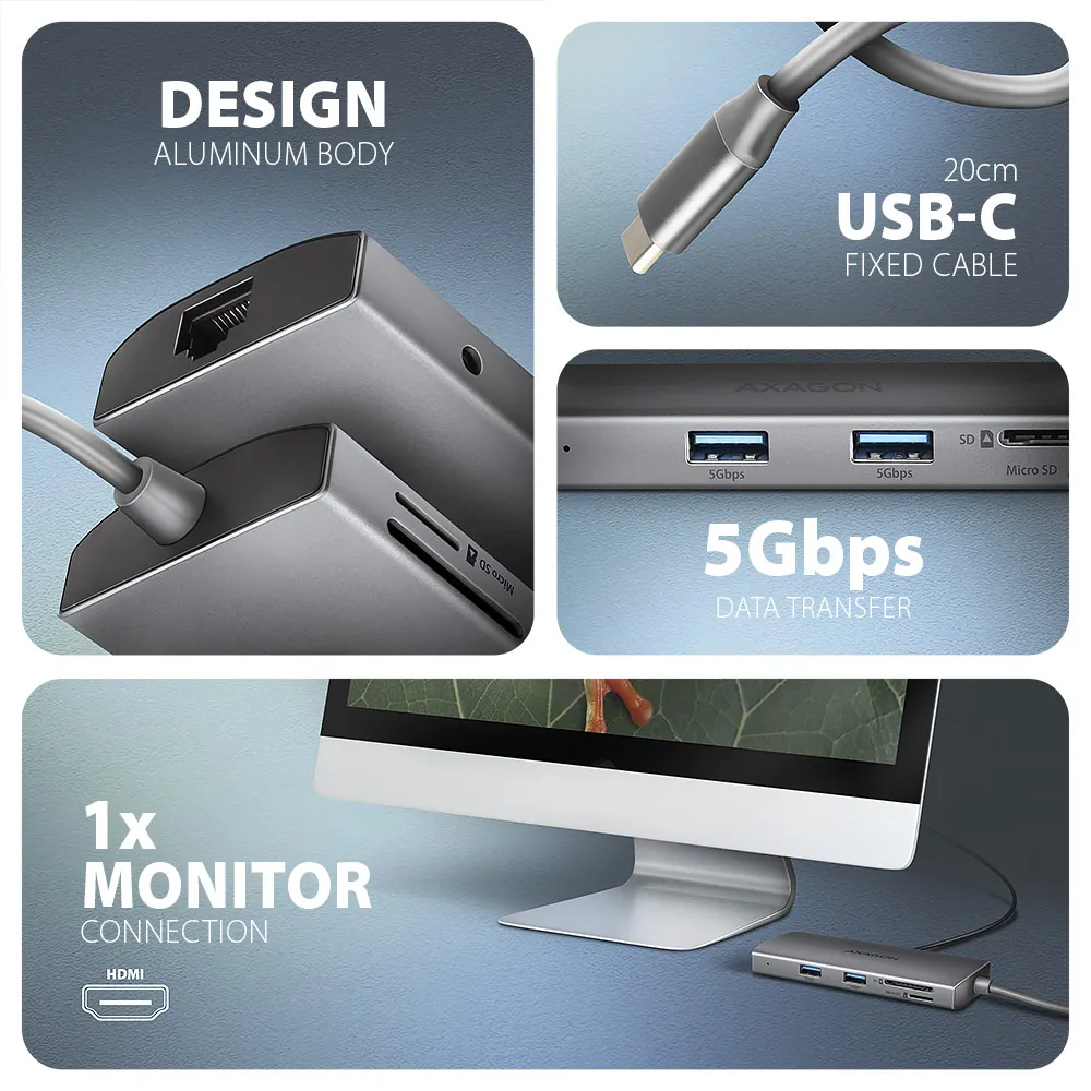 AXAGON HMC-8HLSA USB-C 5Gbps 9in1 hub Grey – 4. kép
