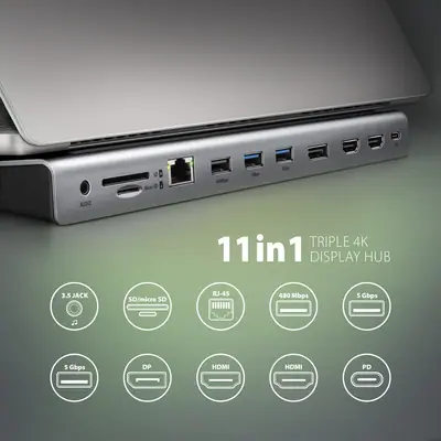 AXAGON HMC-4KX3 USB-C 5Gbps Triple 4K Display 11in1 Hub Silver – 2. kép