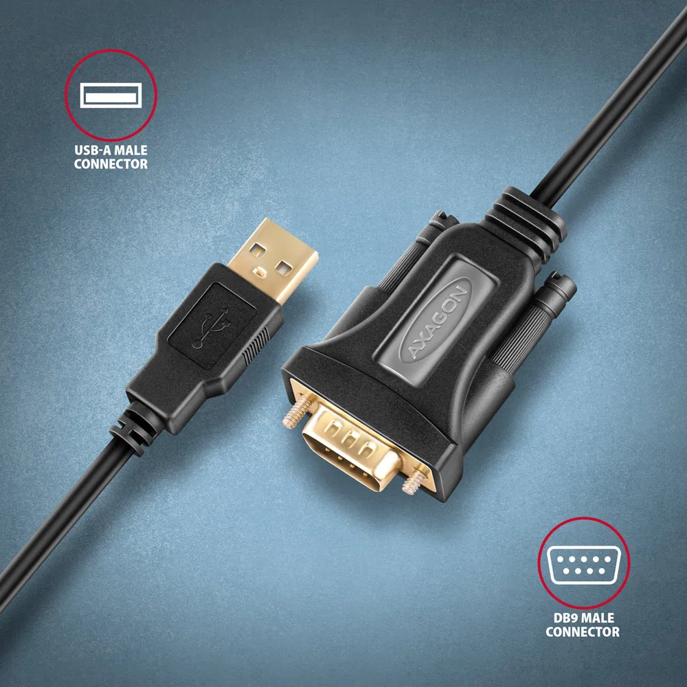 AXAGON ADS-1PQ USB-A 2.0 - serial RS-232 DB9-M FTDI adapter / cable 1,5m Black – 2. kép