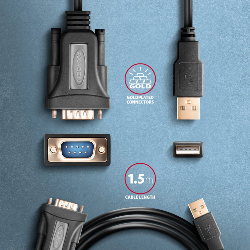 AXAGON ADS-1PQ USB-A 2.0 - serial RS-232 DB9-M FTDI adapter / cable 1,5m Black – 5. kép