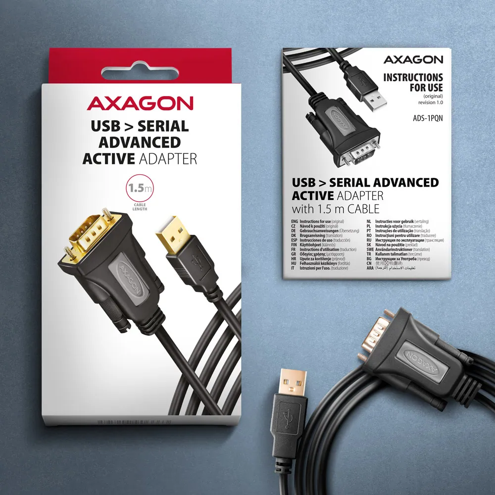 AXAGON ADS-1PQ USB-A 2.0 - serial RS-232 DB9-M FTDI adapter / cable 1,5m Black – 6. kép