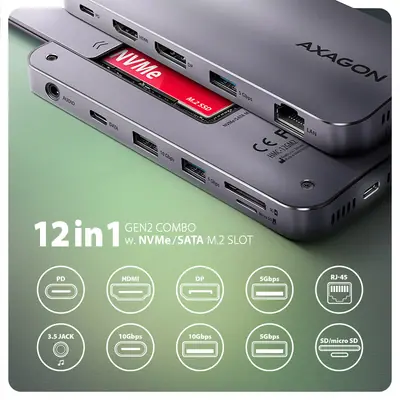 AXAGON HMC-12GM2 USB-C 10Gbps GEN2COMBO 12in1 hub – 2. kép