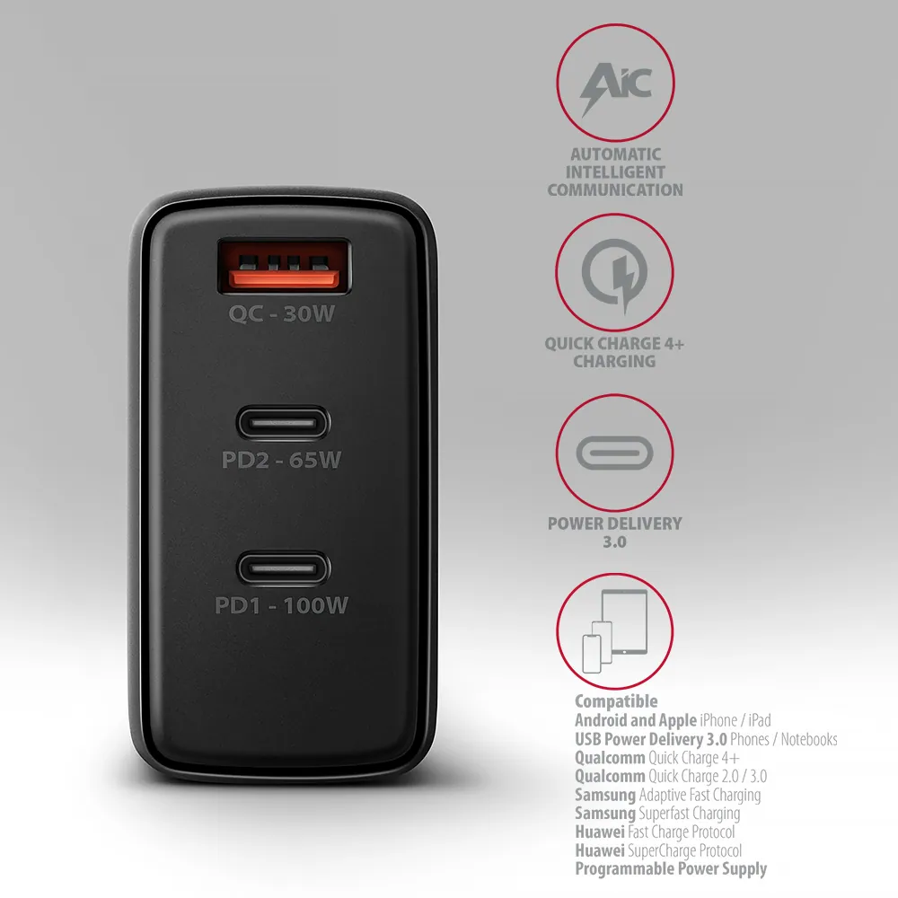 AXAGON ACU-DPQ100 PD3.0 & QC4 Three Outputs wall charger 100W Black – 4. kép