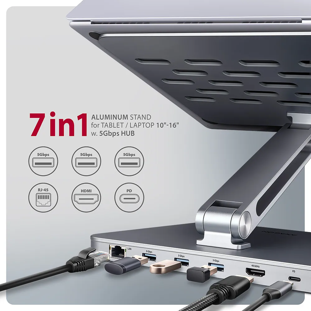 AXAGON HMC-STND Többportos USB-C 5Gbps hub és alumínium állvány laptopokhoz – 3. kép