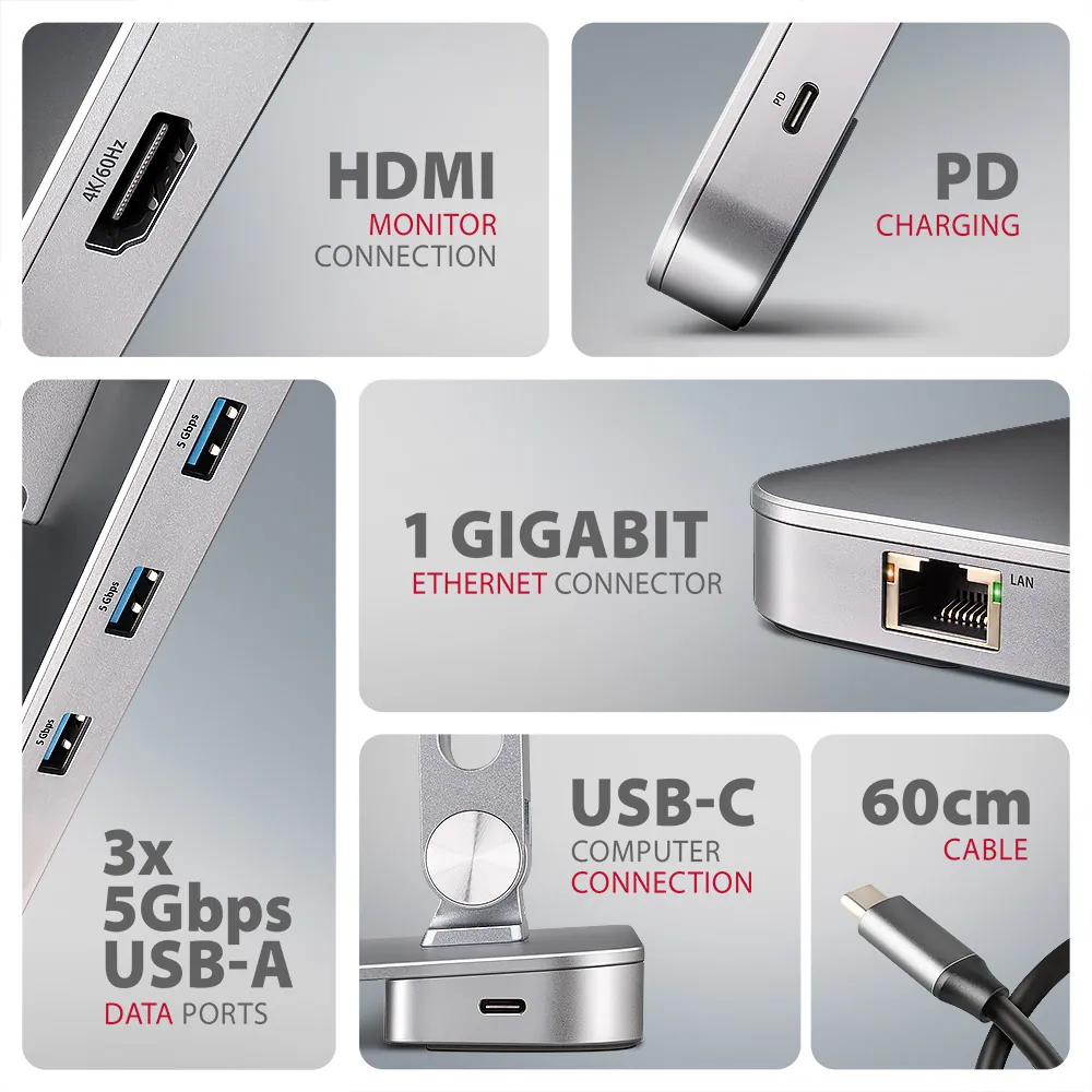 AXAGON HMC-STND Többportos USB-C 5Gbps hub és alumínium állvány laptopokhoz – 5. kép