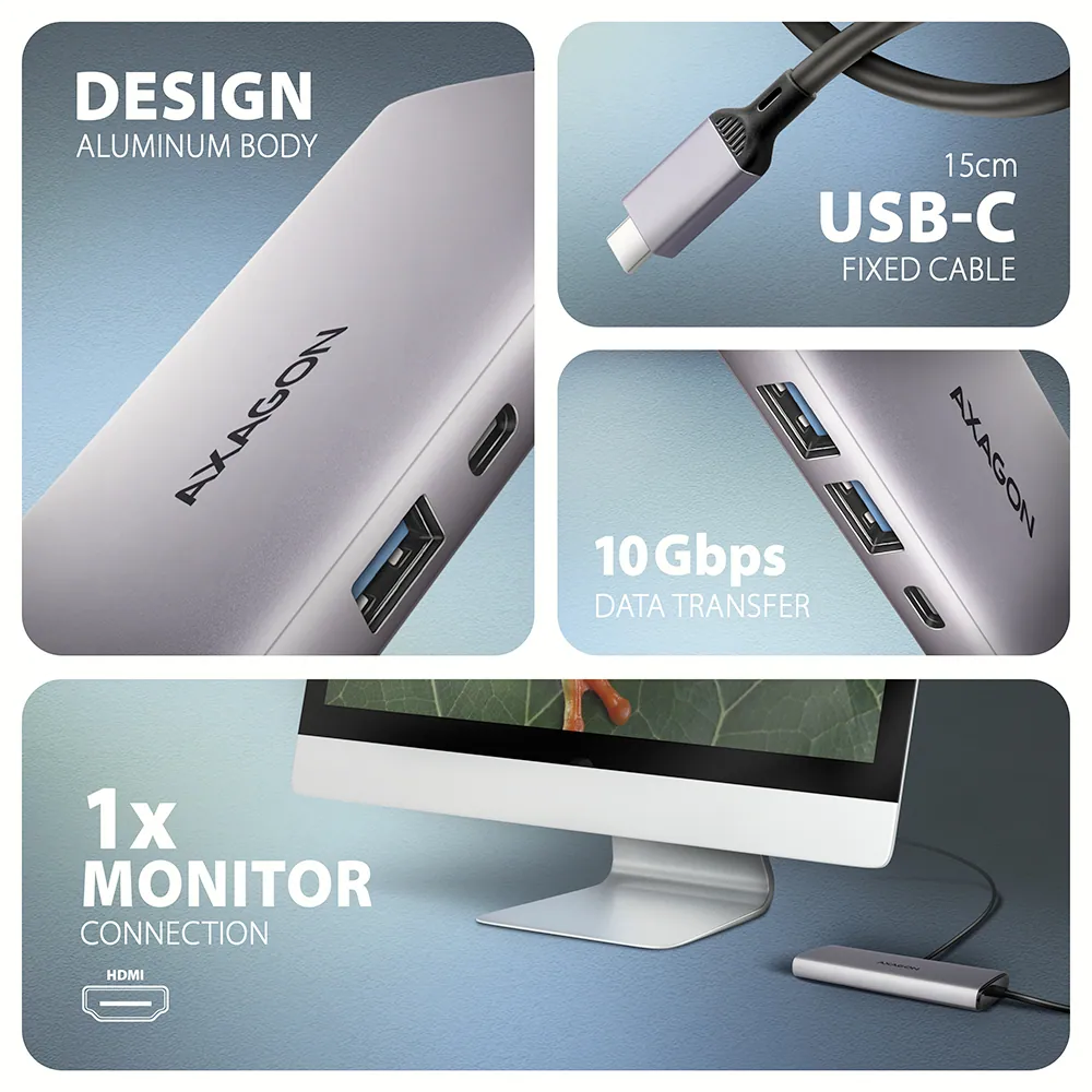 AXAGON HMC-6G2L USB-C 10Gbps 6in1 Hub Silver – 2. kép