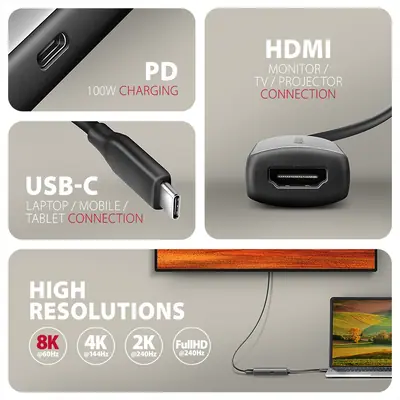 AXAGON RVC-HI8KPD USB-C > HDMI 2.1 Adapter 100W – 2. kép
