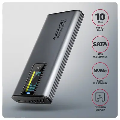 AXAGON EEM2-SD2 USB-C 10Gbps – M.2 NVMe & SATA SSD Display Box Silver – 2. kép