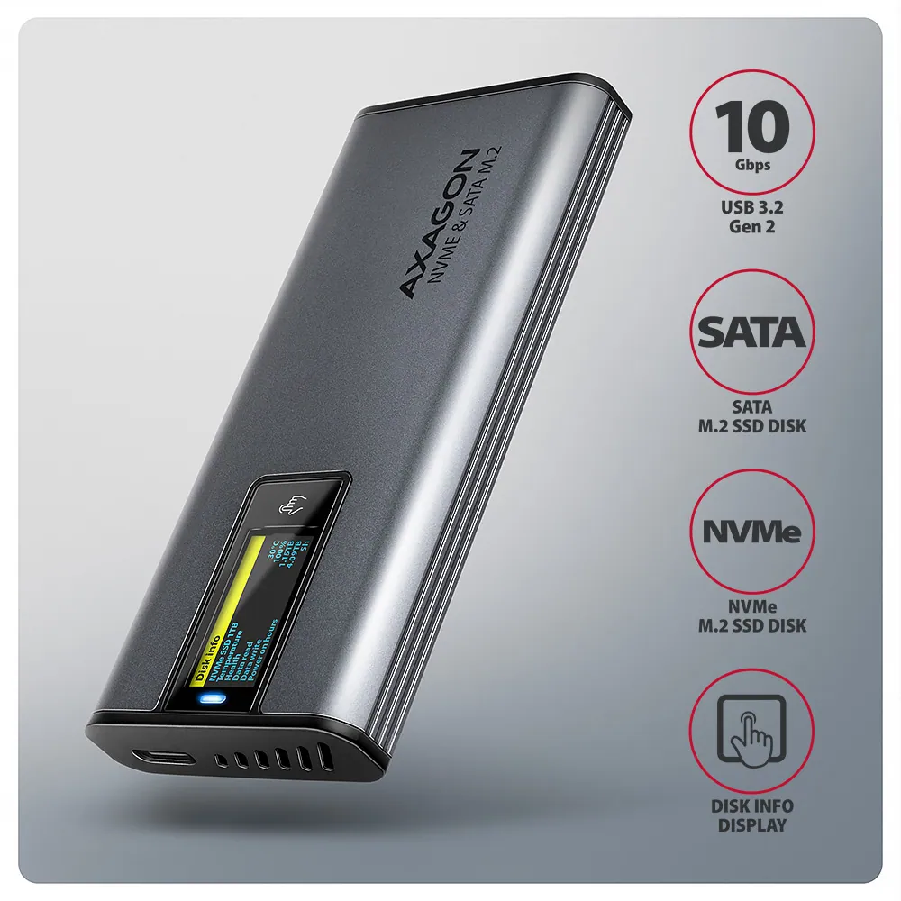 AXAGON EEM2-SD2 USB-C 10Gbps – M.2 NVMe & SATA SSD Display Box Silver – 2. kép